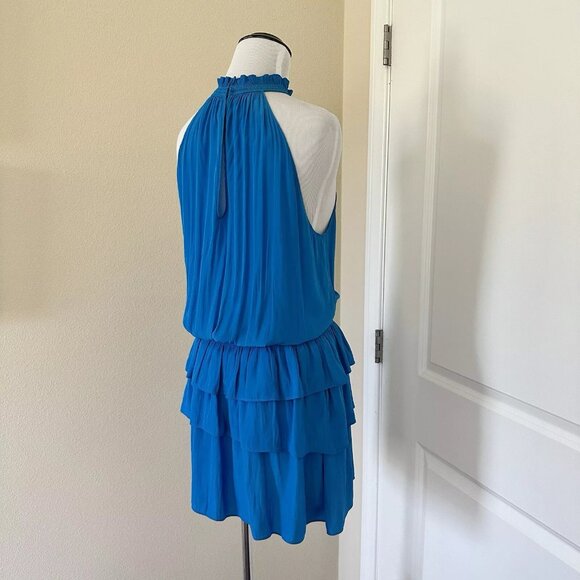 Ramy Brook Ruffle Tiered Blue Mini Dress Halter Neck Size L - Picture 3 of 9